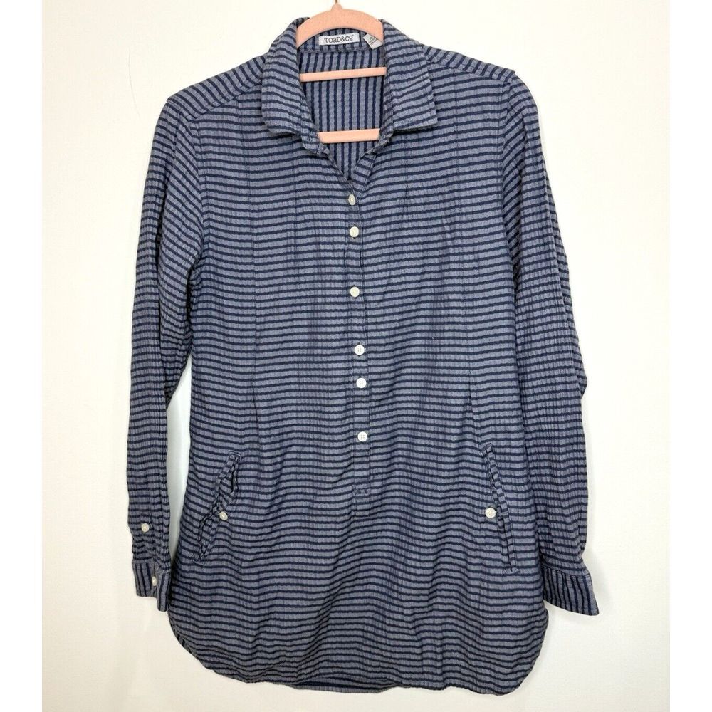Toad & Co Shirt Womens Small Blue Button Up Tunic Top Mixologist Pockets Outdoor